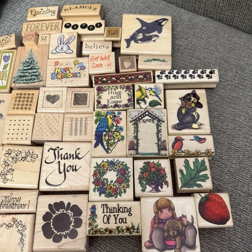 60+ Large Lot Vintage Rubber Wooden Stamps Seasons Words DOTS Sky Kids & More